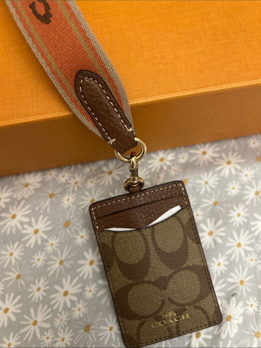 Coach Brown Signature Canvas Card Holder with Orange Branded Lanyard - Picture 6 of 6